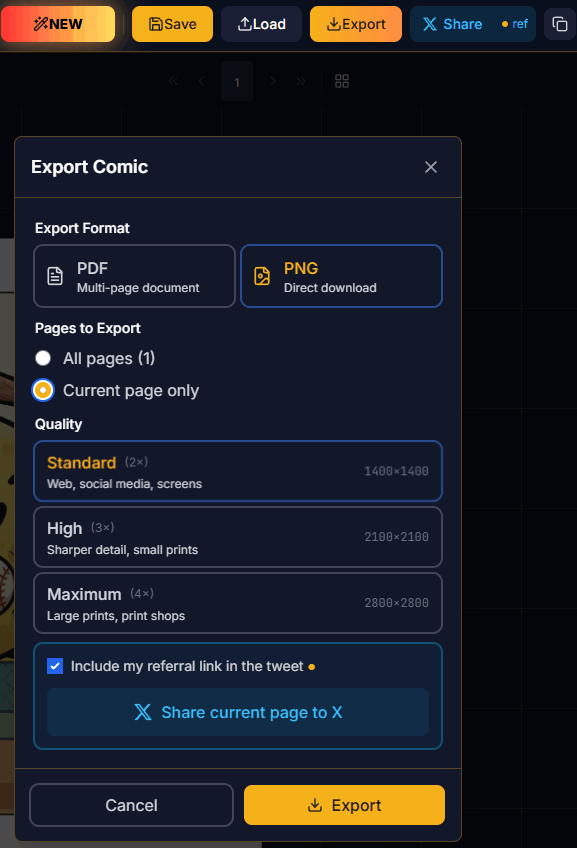 The Export Comic dialog in Panel Haus