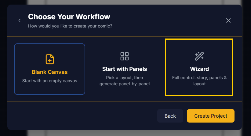 Choose Your Workflow dialog with the Wizard option highlighted